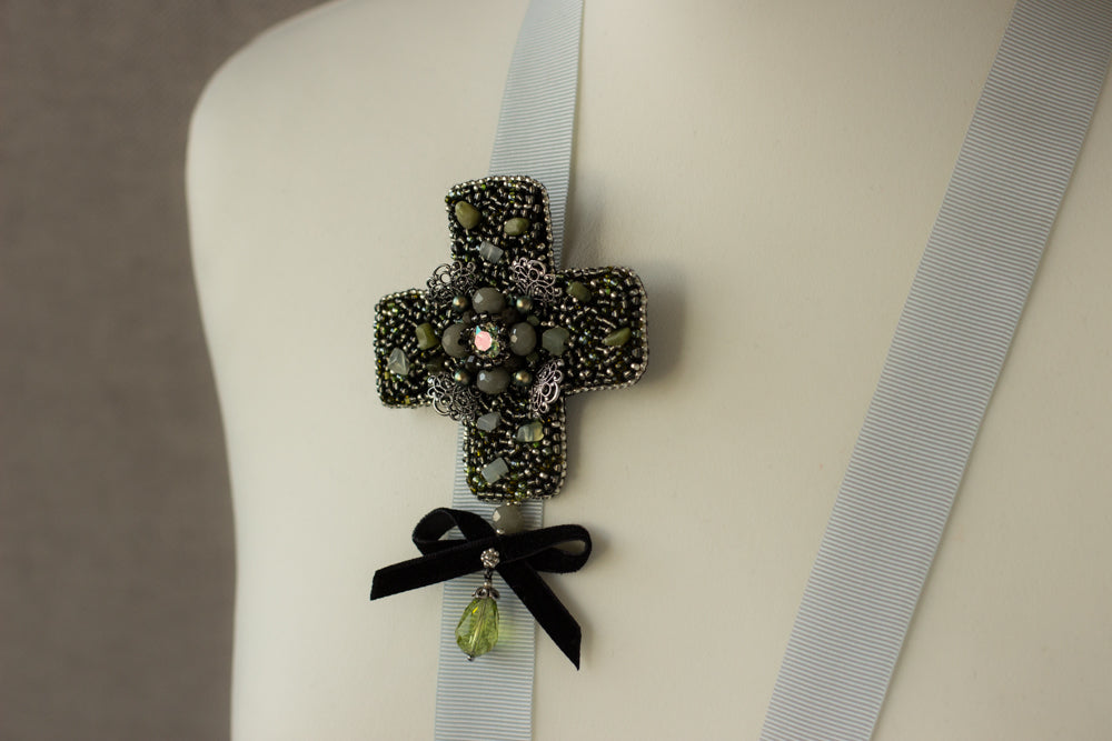 Cross brooch. Green-Black handmade Brooch. Handmade jewelry. Woman fashion accessories. OOAK bijouterie