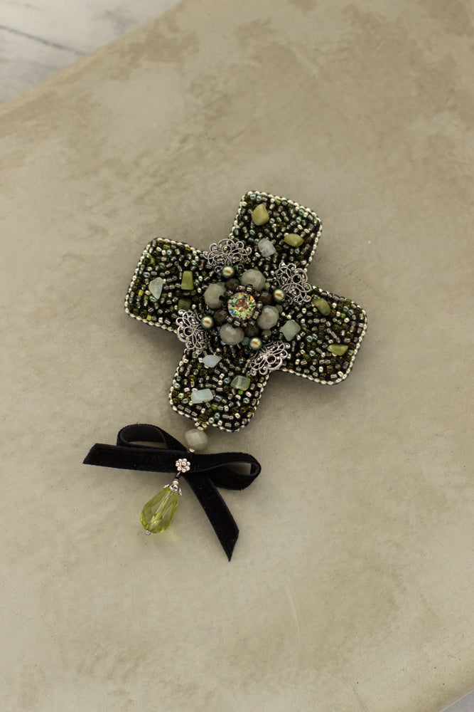 Cross brooch. Green-Black handmade Brooch. Handmade jewelry. Woman fashion accessories. OOAK bijouterie
