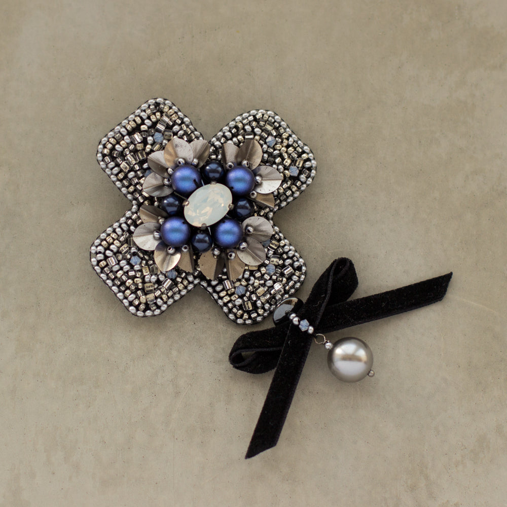 Handmade brooch. Silver-Blue-Black brooch. Cross brooch. Embroidered accessories. Handmade jewelry. OOAK brooches. Unisex fashion accessories. Blue pin brooch.