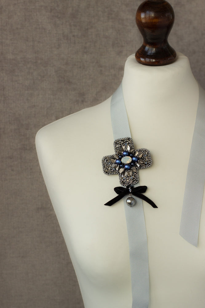 Handmade brooch. Silver-Blue-Black brooch. Cross brooch. Embroidered accessories. Handmade jewelry. OOAK brooches. Unisex Fashion accessories. Blue pin brooch.