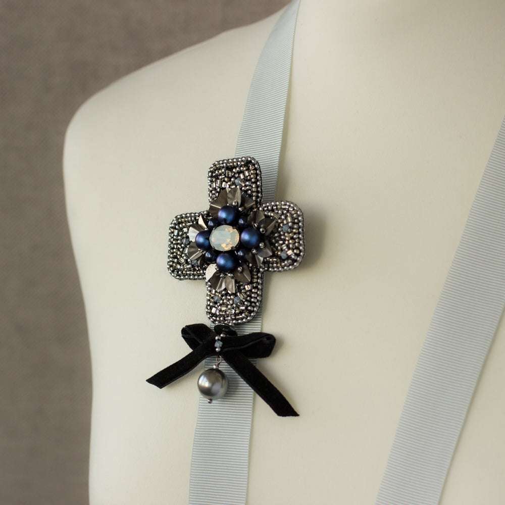 Handmade brooch. Silver-Blue-Black brooch. Cross brooch. Embroidered accessories. Handmade jewelry. OOAK brooches.  Unisex Fashion accessories. Blue pin brooch.