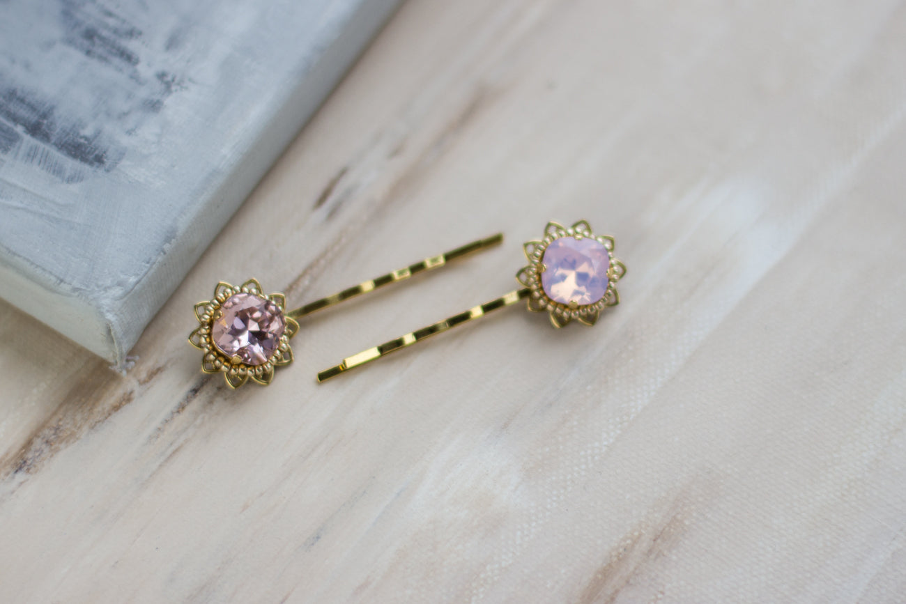Handmade hair pins. Pink Hair accessories. Crystal Hair piece. Gold Hair jewelry. Wedding headpiece