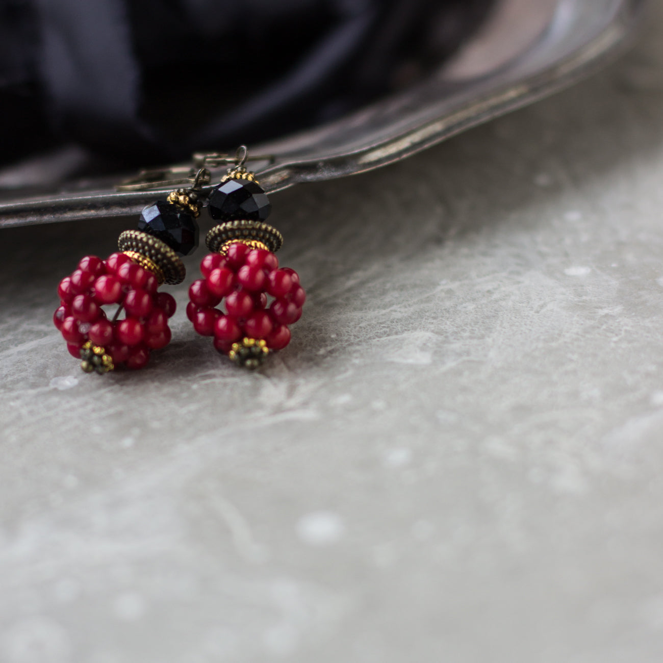 Beautiful unique small round red-black earrings. Handmade bubble coral earrings. Everyday wear drop earrings. Handmade jewelry. Natural stone bijouterie. fashion  jewelry.