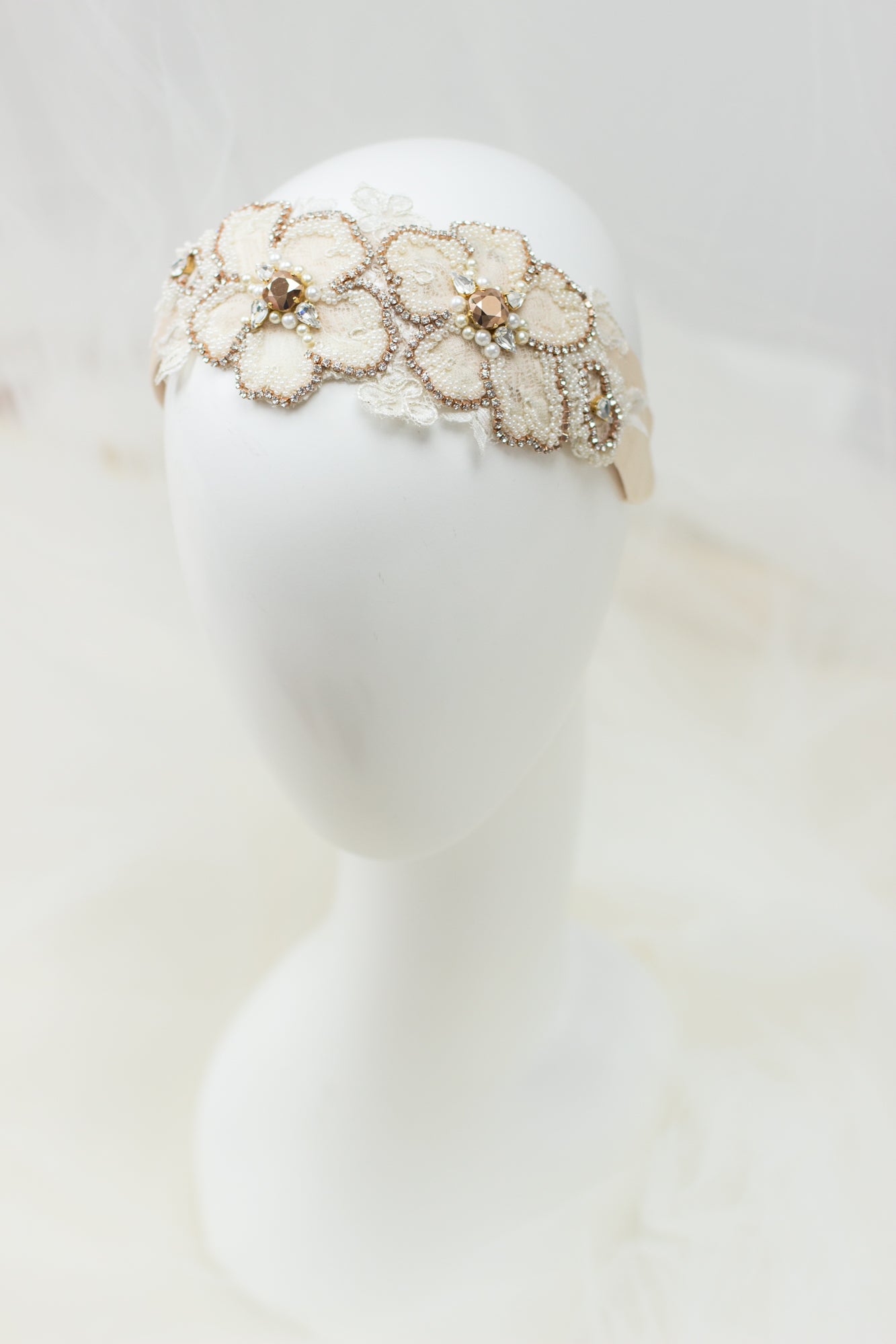 Handmade wedding accessories. Rose Gold headband. Crystal headband. Bridal headpiece. Wedding hair accessories. Rhinestone hairpiece. Head fascinator. Lace headband. online bridal boutique.