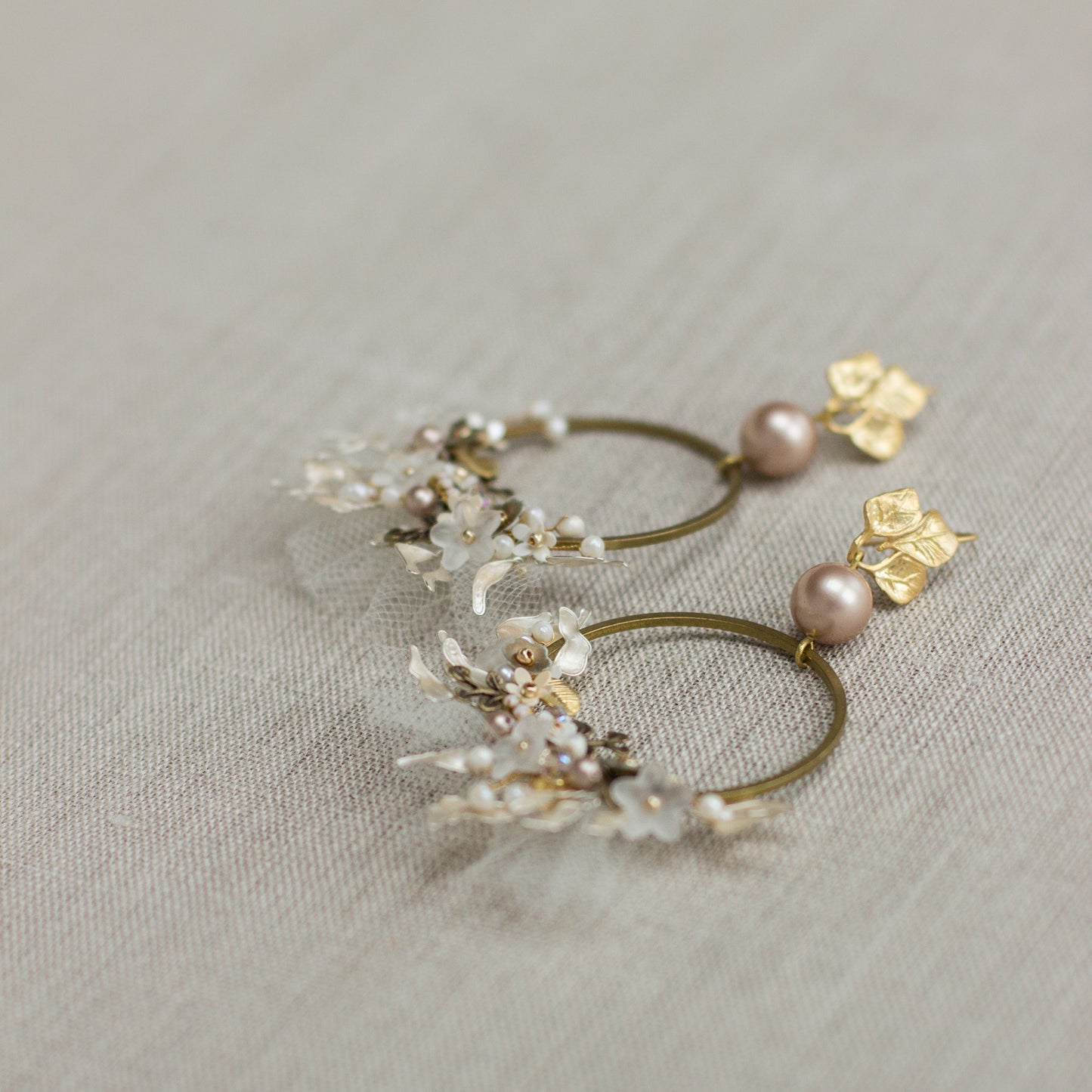 Stylish & unique hoop earrings to make a statement! Floral Pearl Hoop earrings. Wedding earrings. Bridal jewelry. Powder almond earrings. Handmade jewelry. Woman fashion bijouterie. One of a kind accessories.