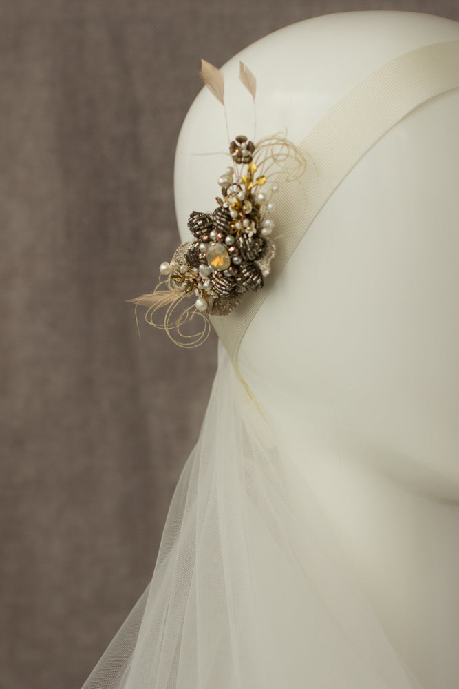 Antiqued rustic bridal hair piece, Wedding headpiece, Burlap hair clip