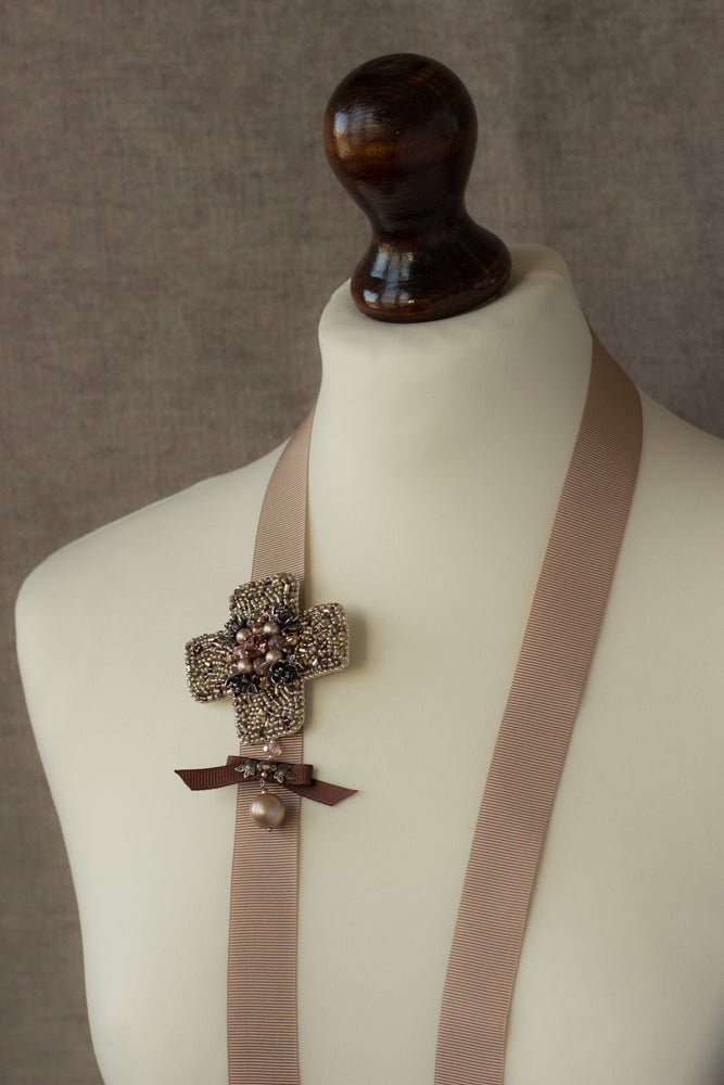Shop online stylish Silver/Powder blush handmade brooch. Handmade jewelry. Unique Embroidered accessories. Unisex fashion accessories
