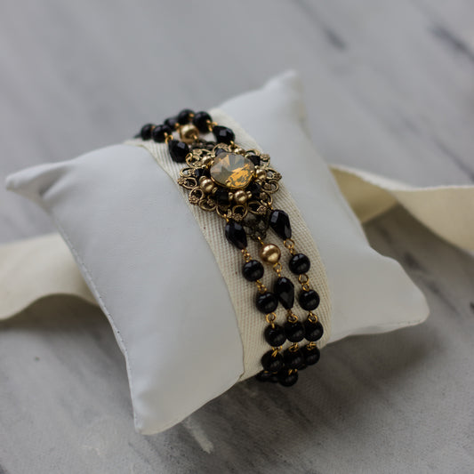 Unique Vintage style jewelry online. Black/gold handmade bracelet. Wide 3 row bracelet. Black jewelry. Crystal bijouterie. Occasion jewelry. Black accessories. Evening jewelry. Woman accessories