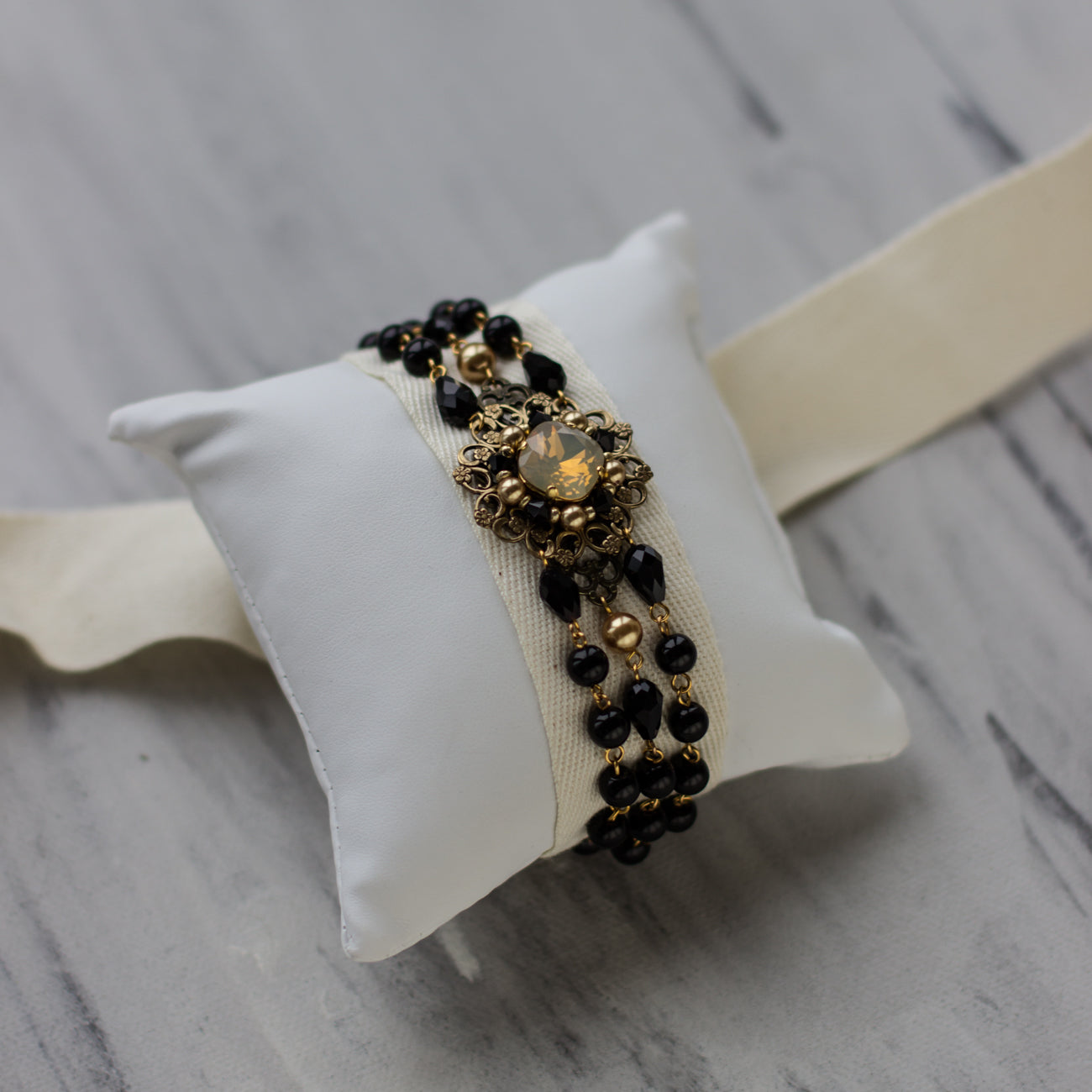 Unique Vintage style jewelry online. Black/gold handmade bracelet. Wide 3 row bracelet. Black jewelry. Crystal bijouterie. Occasion jewelry. Black accessories. Evening jewelry. Woman accessories